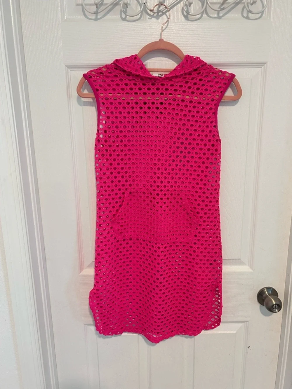 Cotton Candy Hot Pink Hooded Crochet Beach Coverup Size S - Picture 1 of 7